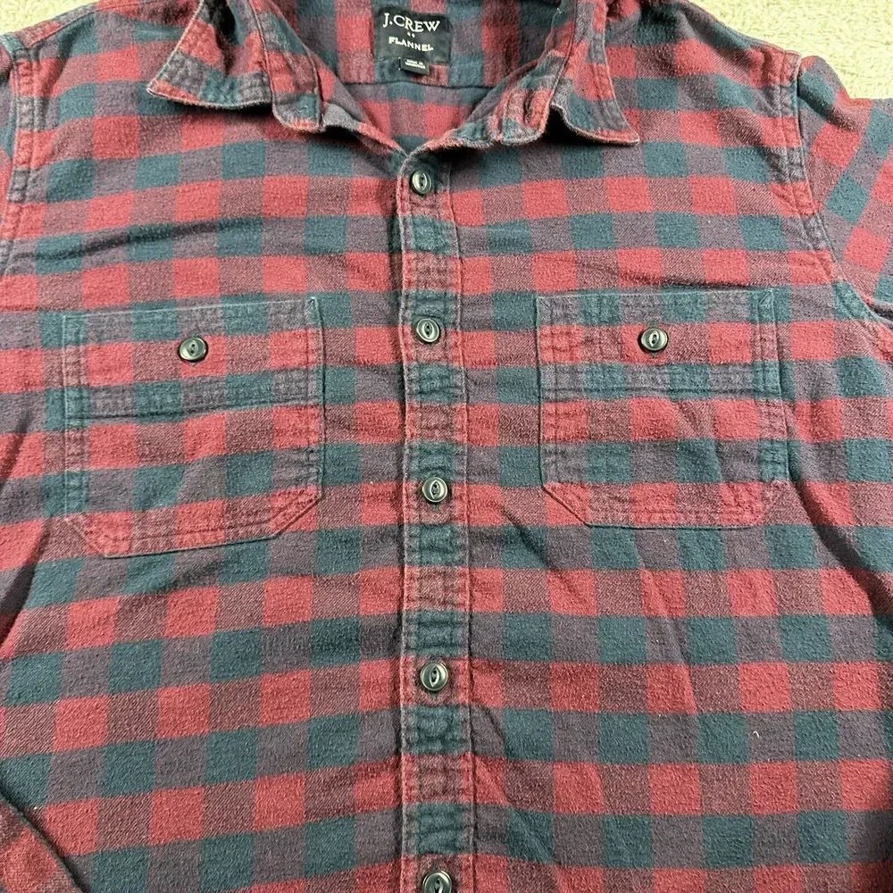 J.Crew Flannel Shirt Mens Medium Red Blue Mid Weight Button Up Long Sleeve‎